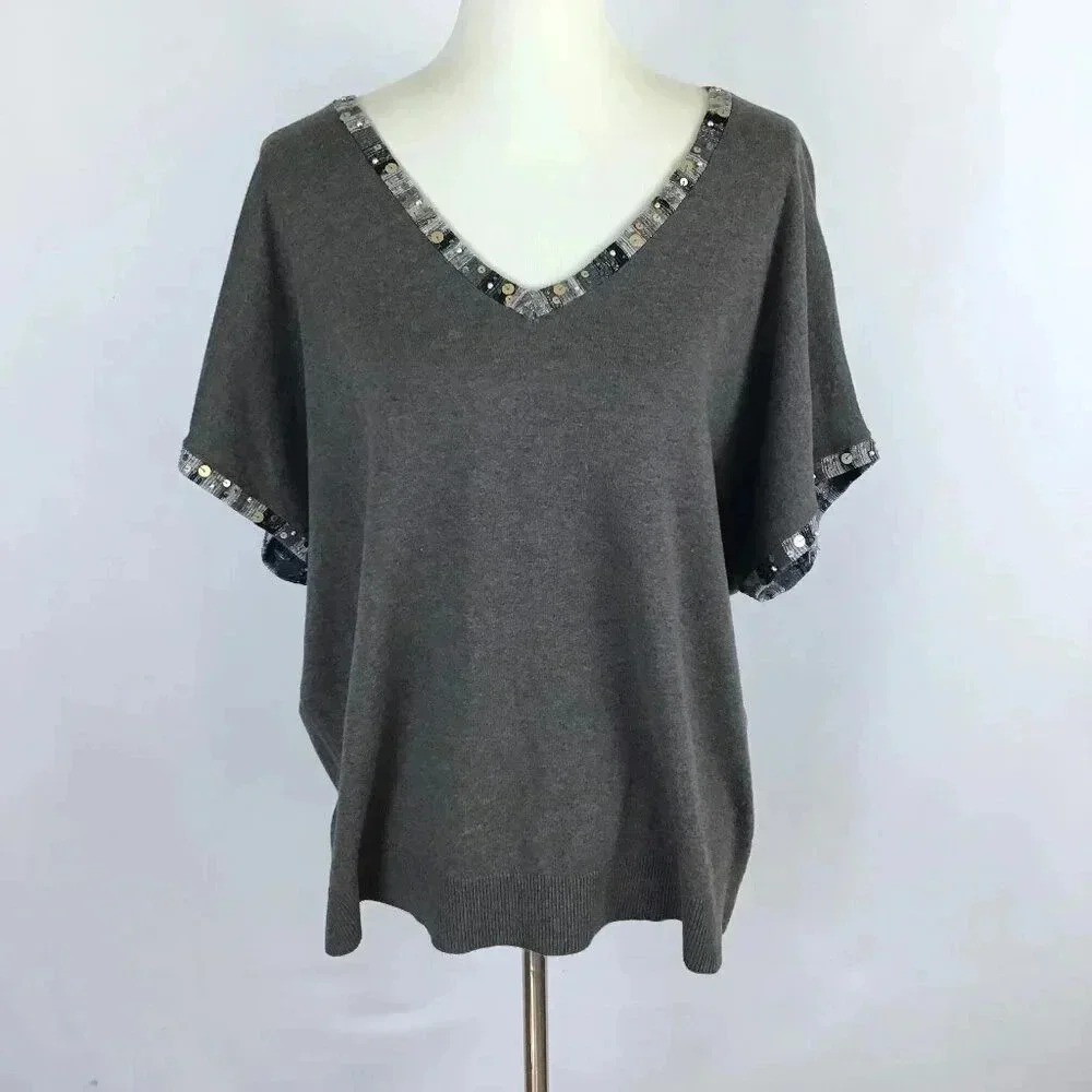 NWT Women's 1X Spring Lightweight Sweater Sequins Beaded CJ Banks V-Neck Gray